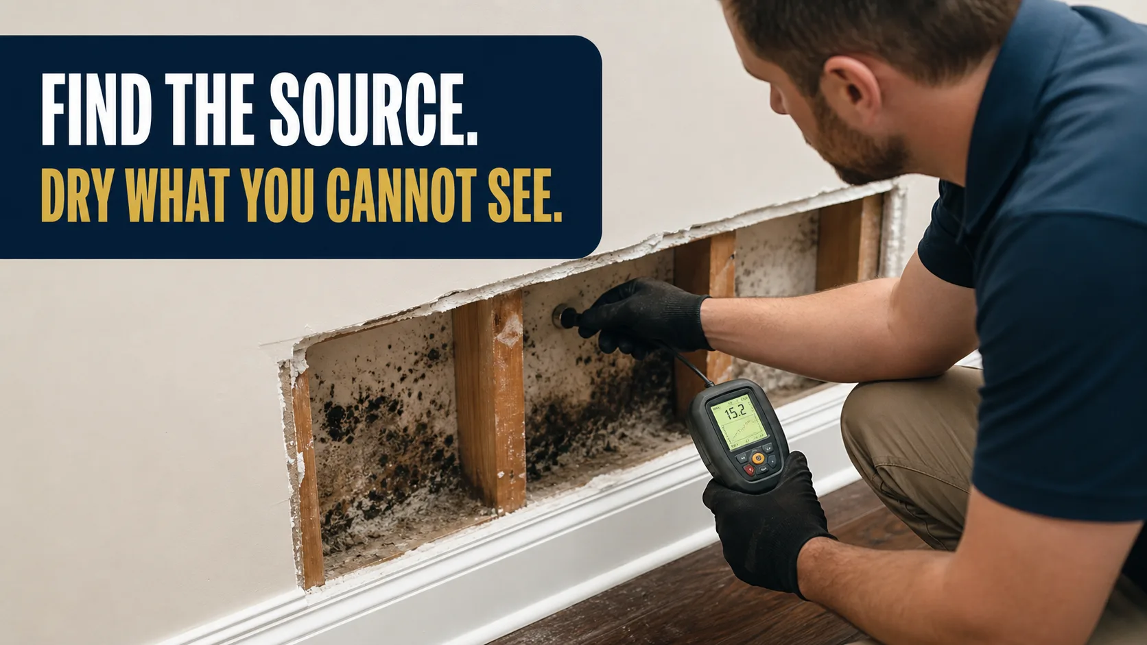A technician wearing black gloves uses a moisture meter to test a wall cavity with visible black mold growth on the drywall and wooden studs. Caption on image: FIND THE SOURCE. DRY WHAT YOU CANNOT SEE.