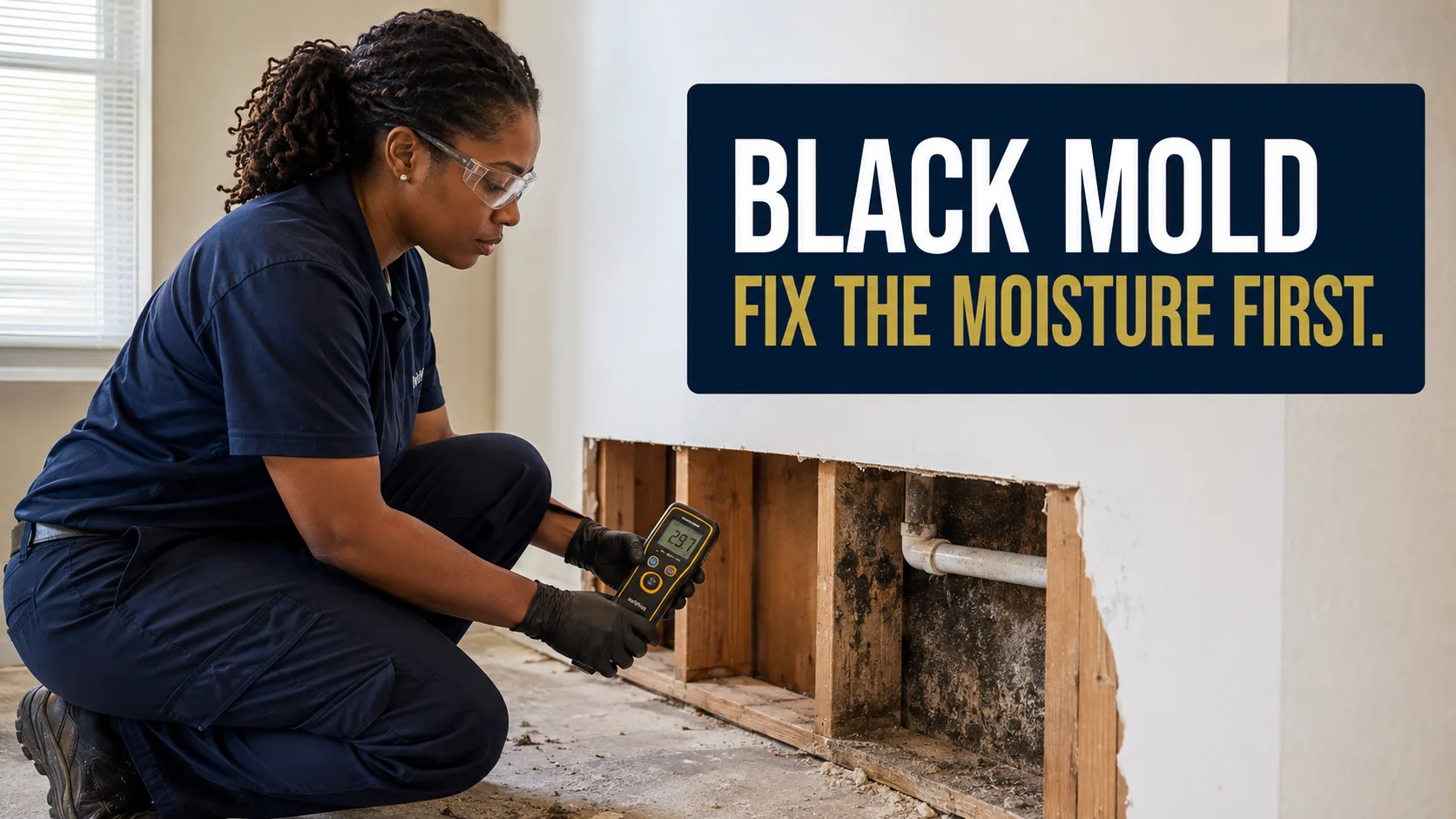 A technician wearing safety glasses and gloves kneels, holding a moisture meter to a wall with exposed studs and black mold. Caption on image: BLACK MOLD FIX THE MOISTURE FIRST.