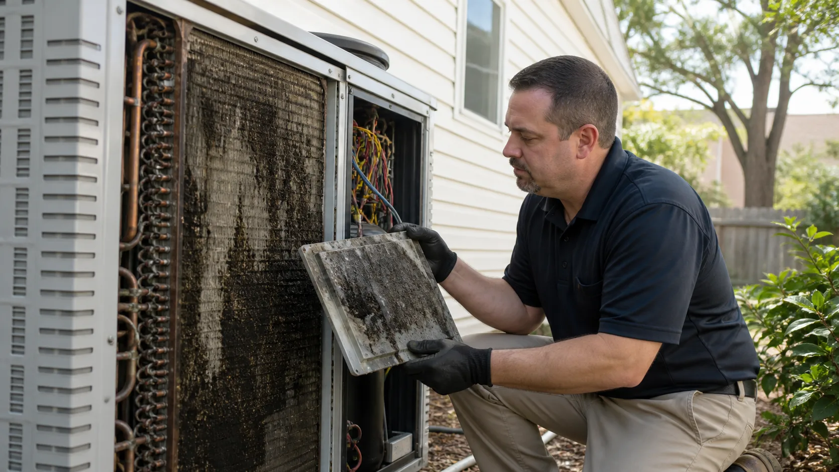A technician wearing black gloves kneels outdoors, holding a mold-covered panel removed from an open air conditioning unit.