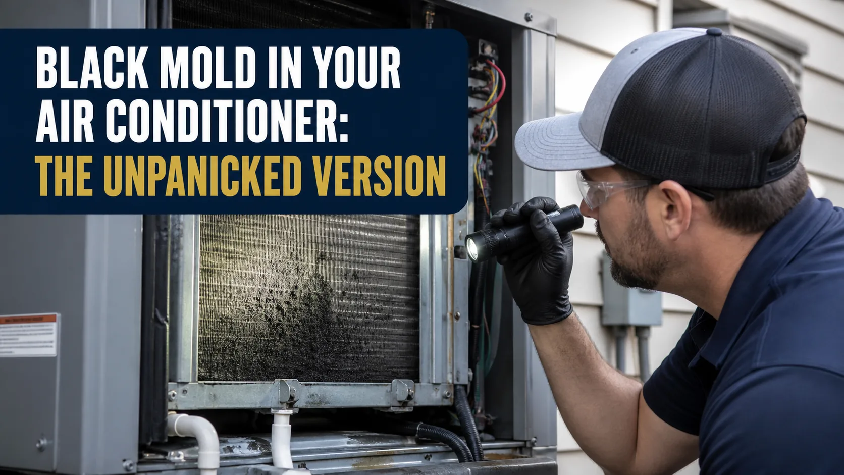 A technician wearing safety glasses and black gloves shines a flashlight into an open air conditioning unit, revealing extensive black mold on the coils. Caption on image: BLACK MOLD IN YOUR AIR CONDITIONER: THE UNPANICKED VERSION.