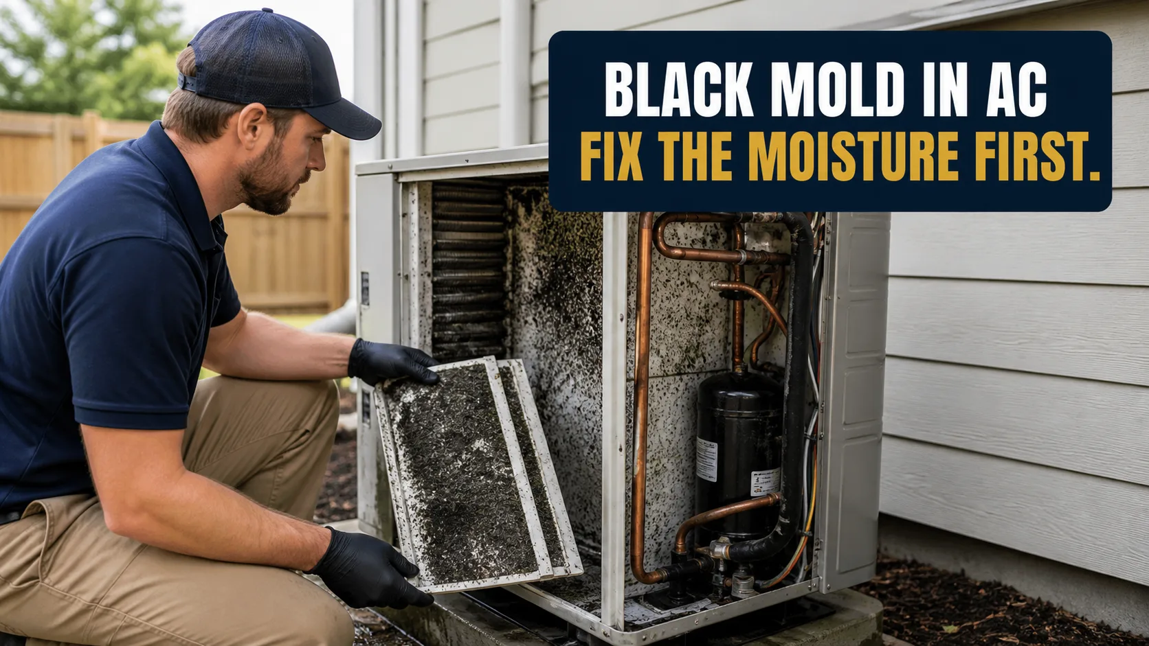 A technician wearing black gloves kneels outdoors, holding two mold-covered air conditioner filters next to an open AC unit with visible mold inside. Caption on image: BLACK MOLD IN AC FIX THE MOISTURE FIRST.