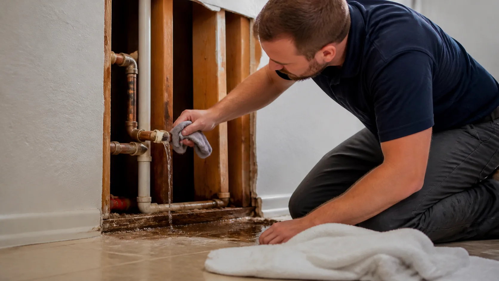 A technician kneels on a tiled floor, using a cloth to catch water leaking from exposed pipes in a wall.