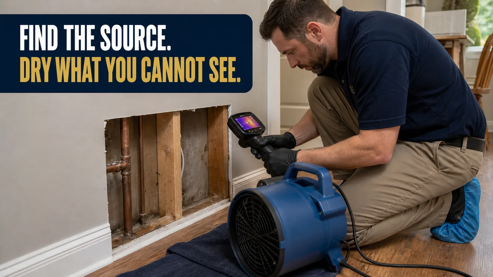 A technician wearing black gloves and blue shoe covers kneels, using a thermal imaging camera to inspect exposed pipes and water damage behind a removed section of drywall, with a blue air mover on the floor. Caption on image: FIND THE SOURCE. DRY WHAT YOU CANNOT SEE.