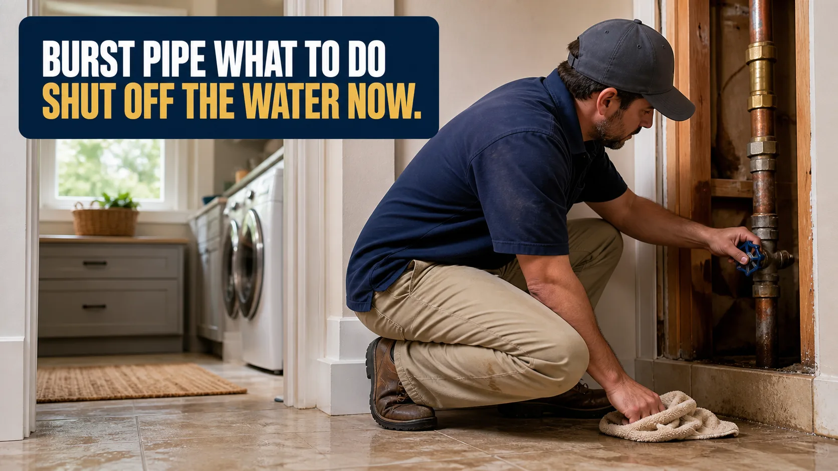 A technician wearing a cap and work clothes crouches to turn off a water valve on exposed copper pipes in a laundry room, with water visible on the tiled floor. Caption on image: BURST PIPE WHAT TO DO SHUT OFF THE WATER NOW.
