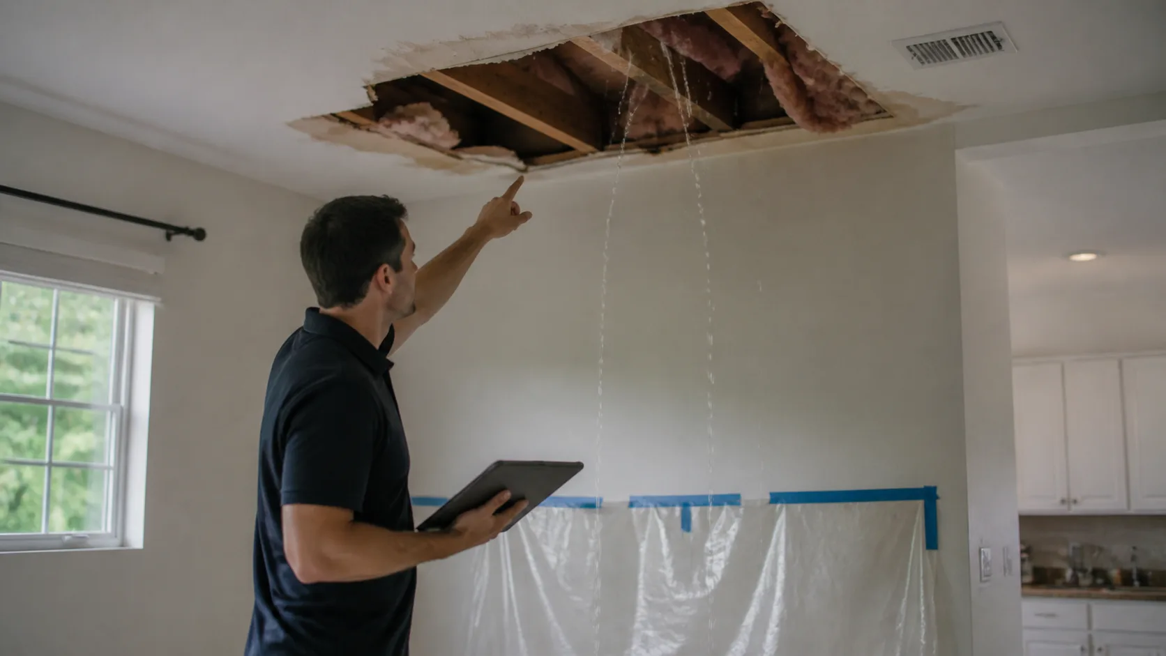 A water damage inspector points to a ceiling with a large hole and water actively dripping from it, while holding a tablet.
