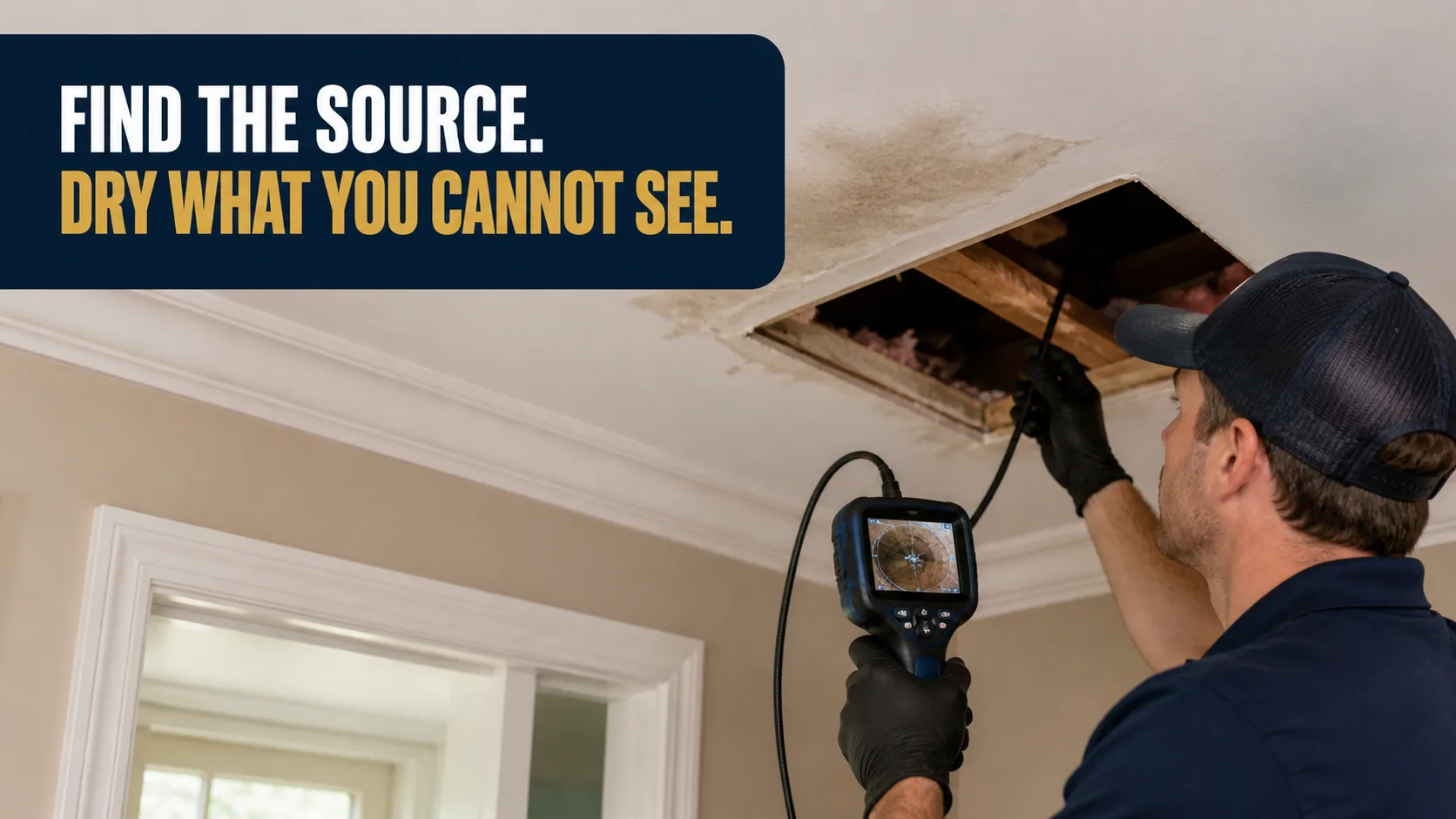 A technician in a blue cap and black gloves uses a borescope to inspect a water-damaged ceiling with a visible hole and stained drywall. Caption on image: FIND THE SOURCE. DRY WHAT YOU CANNOT SEE.