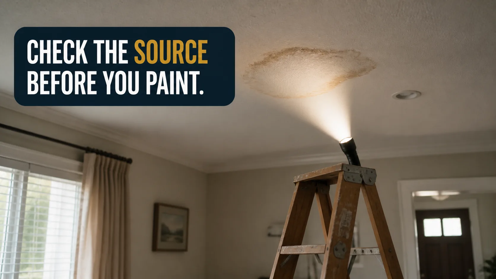 A flashlight on a wooden stepladder illuminates a large, brown water stain on a white ceiling, with a window and door visible in the background. Caption on image: CHECK THE SOURCE BEFORE YOU PAINT.