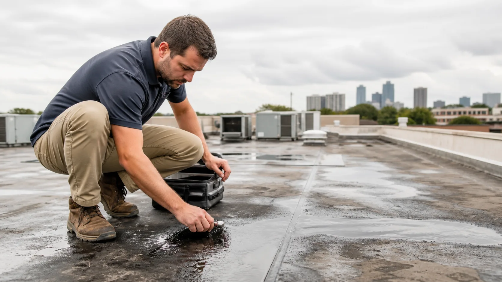 A technician crouches on a wet commercial flat roof, using a handheld device to inspect a puddle, with HVAC units and a city skyline in the background.