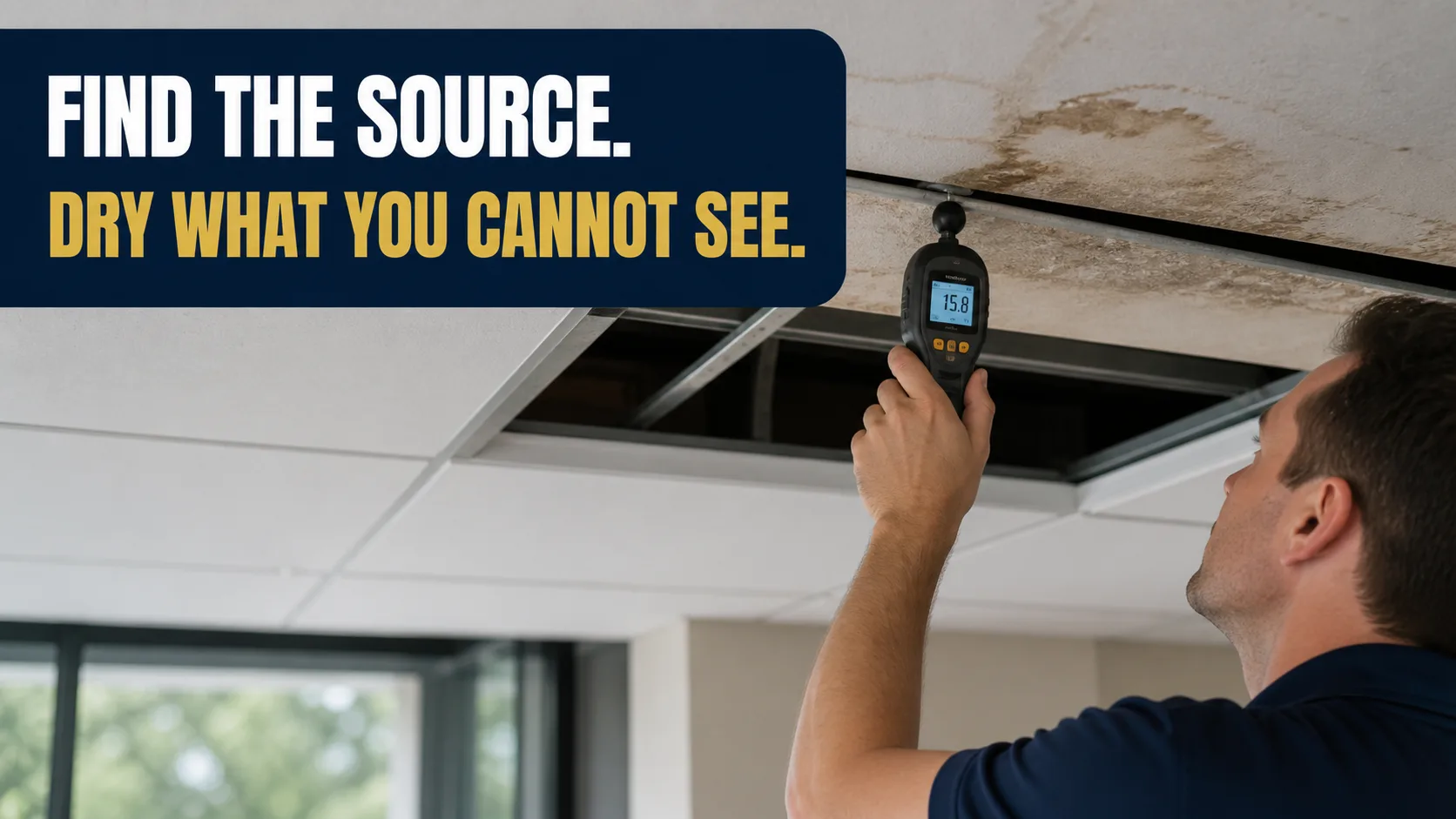 A technician holds a moisture meter to a water-stained ceiling tile, with a reading of 15.8 visible on the device. Caption on image: FIND THE SOURCE. DRY WHAT YOU CANNOT SEE.