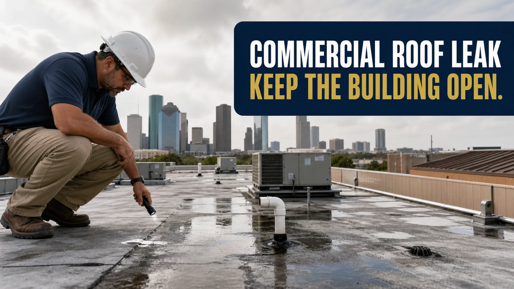 A technician wearing a hard hat and safety glasses crouches on a wet commercial rooftop, shining a flashlight on a seam with standing water, with a city skyline in the background. Caption on image: COMMERCIAL ROOF LEAK KEEP THE BUILDING OPEN.