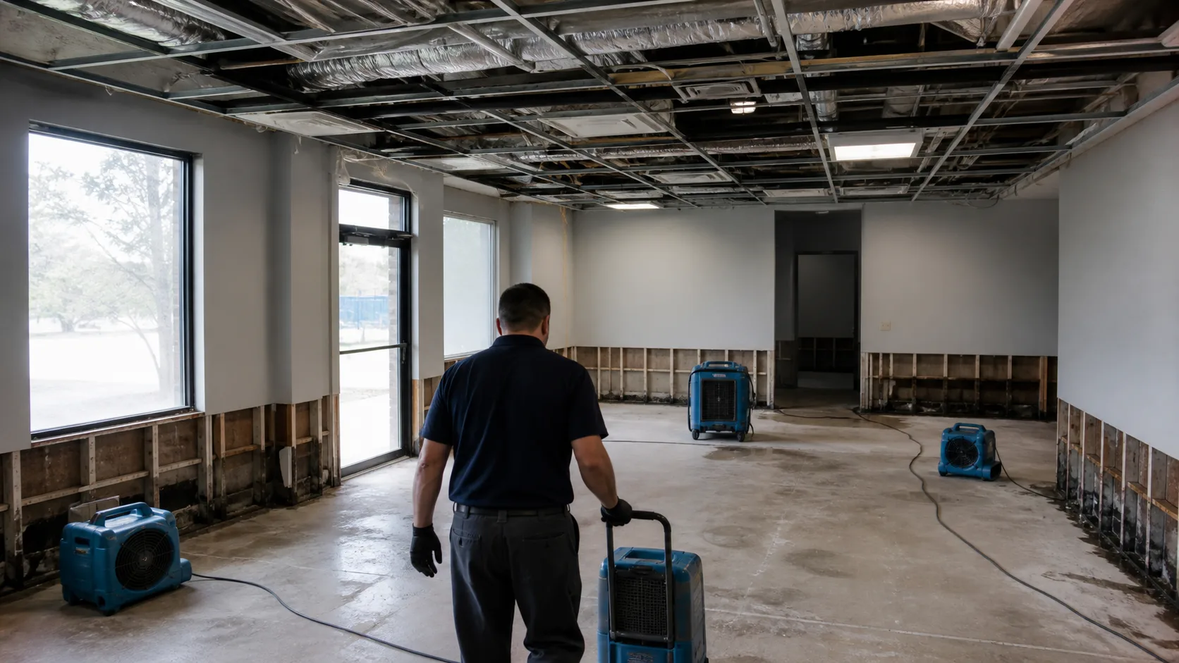A technician wearing gloves walks through a commercial space with exposed wall studs and a suspended ceiling, where several blue air movers are drying the concrete floor.