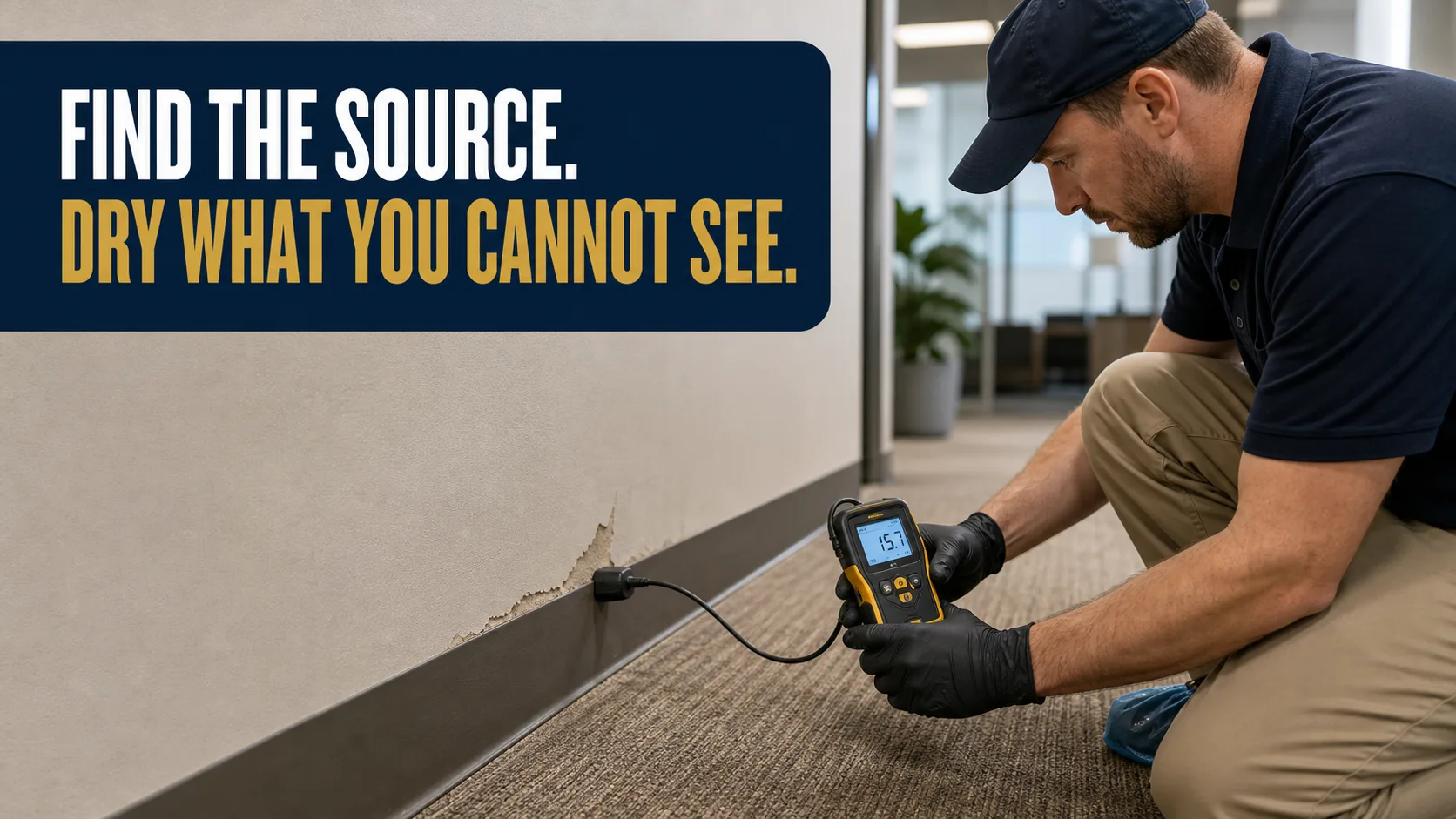 A technician wearing a cap and gloves kneels on a carpeted floor, using a moisture meter to inspect water damage on a wall. Caption on image: FIND THE SOURCE. DRY WHAT YOU CANNOT SEE.