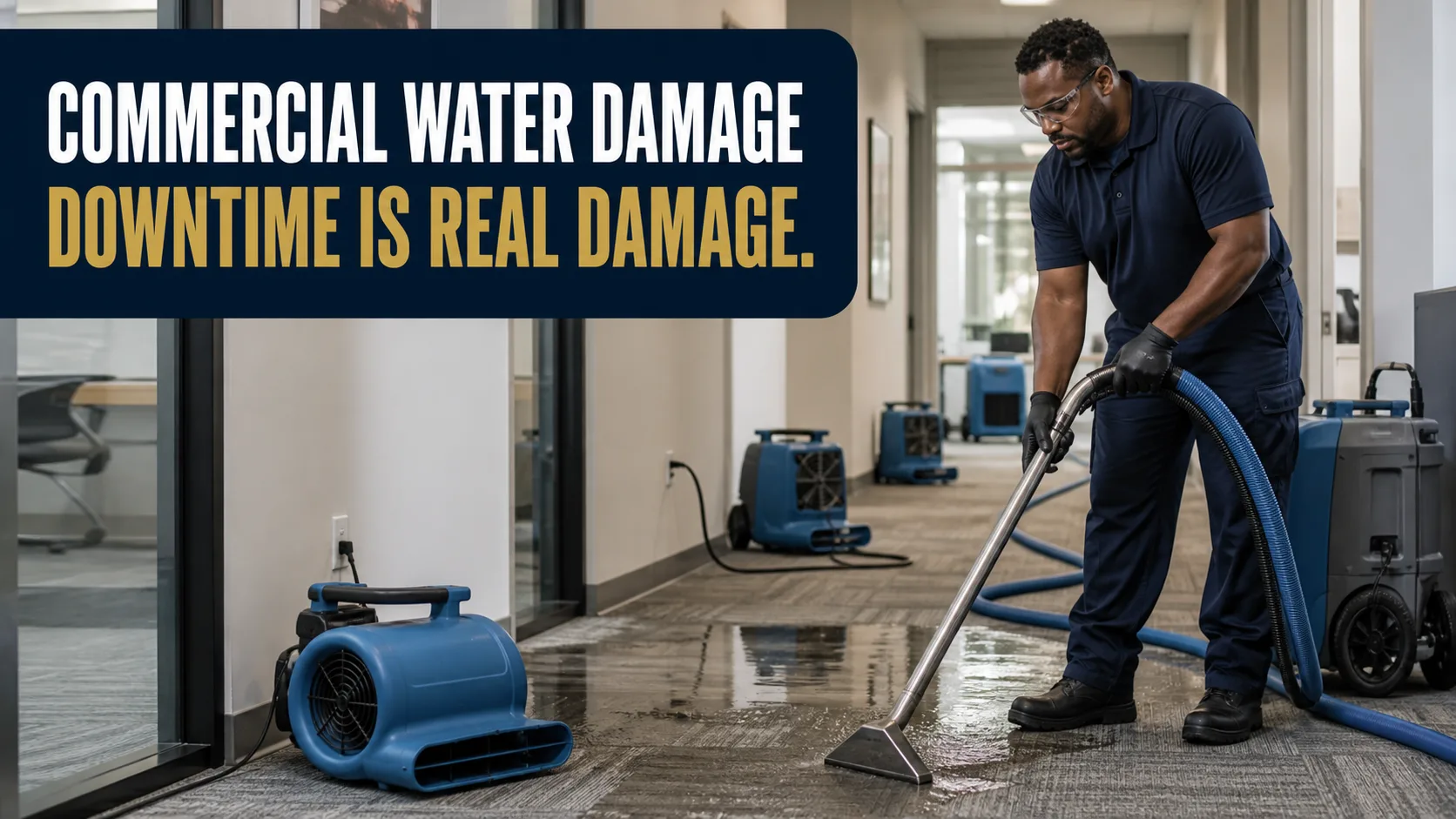 A water damage restoration technician uses a water extractor to remove standing water from a carpeted office hallway, with several air movers drying the area. Caption on image: COMMERCIAL WATER DAMAGE DOWNTIME IS REAL DAMAGE.