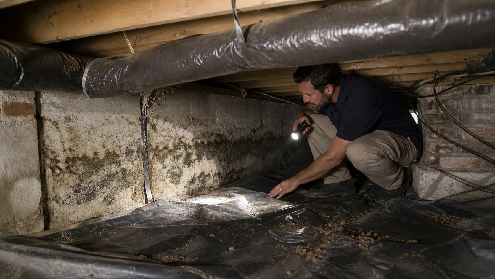 A technician wearing a dark shirt and khaki pants crouches in a crawl space, shining a flashlight on a black vapor barrier and mold-stained concrete walls.