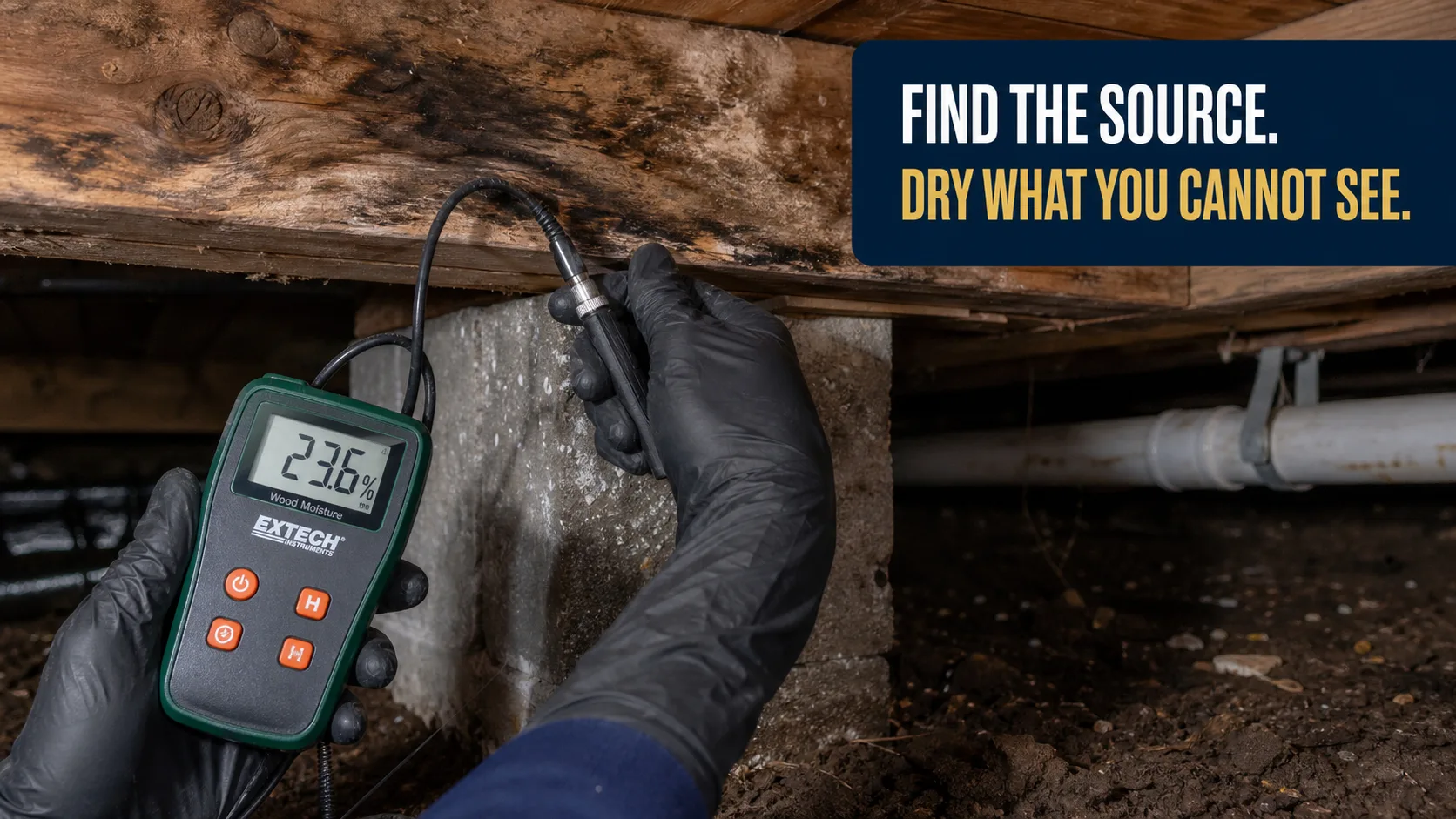 A technician wearing black gloves uses a wood moisture meter to test a wooden beam in a dark crawl space, showing a reading of 23.6%. Caption on image: FIND THE SOURCE. DRY WHAT YOU CANNOT SEE.