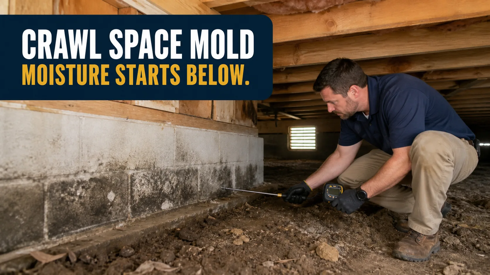 A technician in a crawl space uses a moisture meter to test the concrete block foundation, which shows dark mold staining. Caption on image: CRAWL SPACE MOLD MOISTURE STARTS BELOW.
