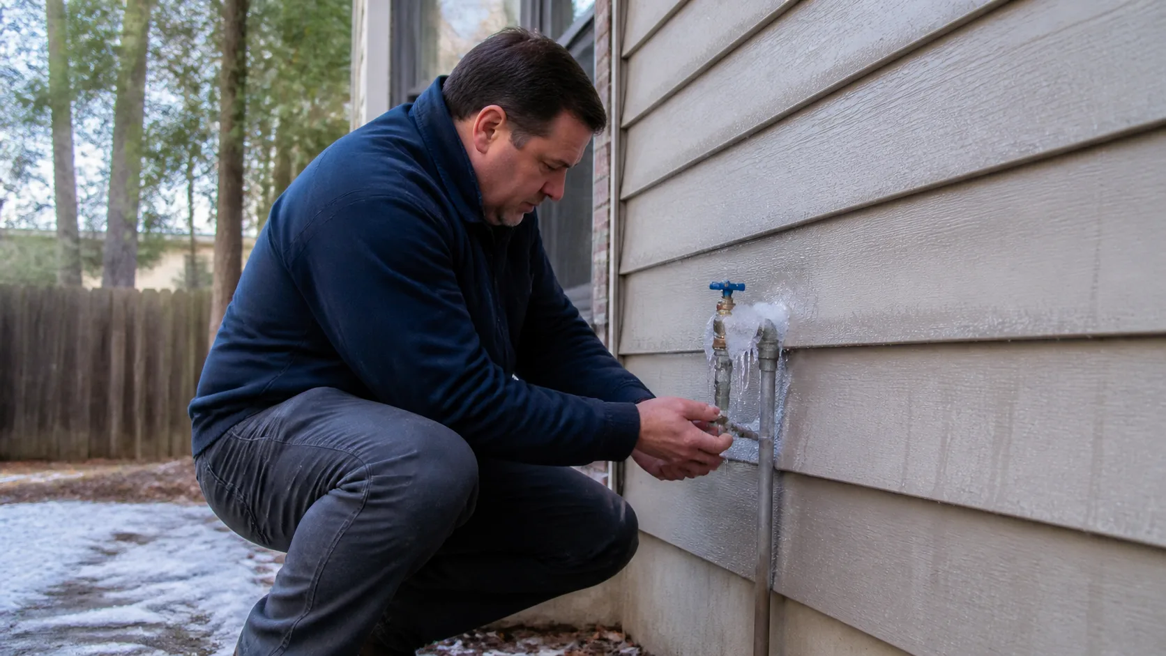 A homeowner crouches down, inspecting a frozen outdoor water spigot and pipes on the side of a house, with ice visible on the fixtures and ground.