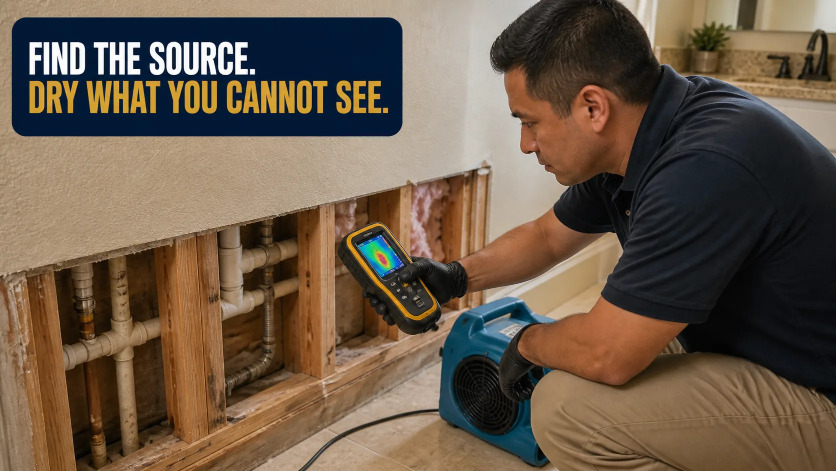 A technician wearing black gloves uses a thermal imaging camera to inspect exposed pipes and insulation in a wall, with a blue air mover on the floor. Caption on image: FIND THE SOURCE. DRY WHAT YOU CANNOT SEE.