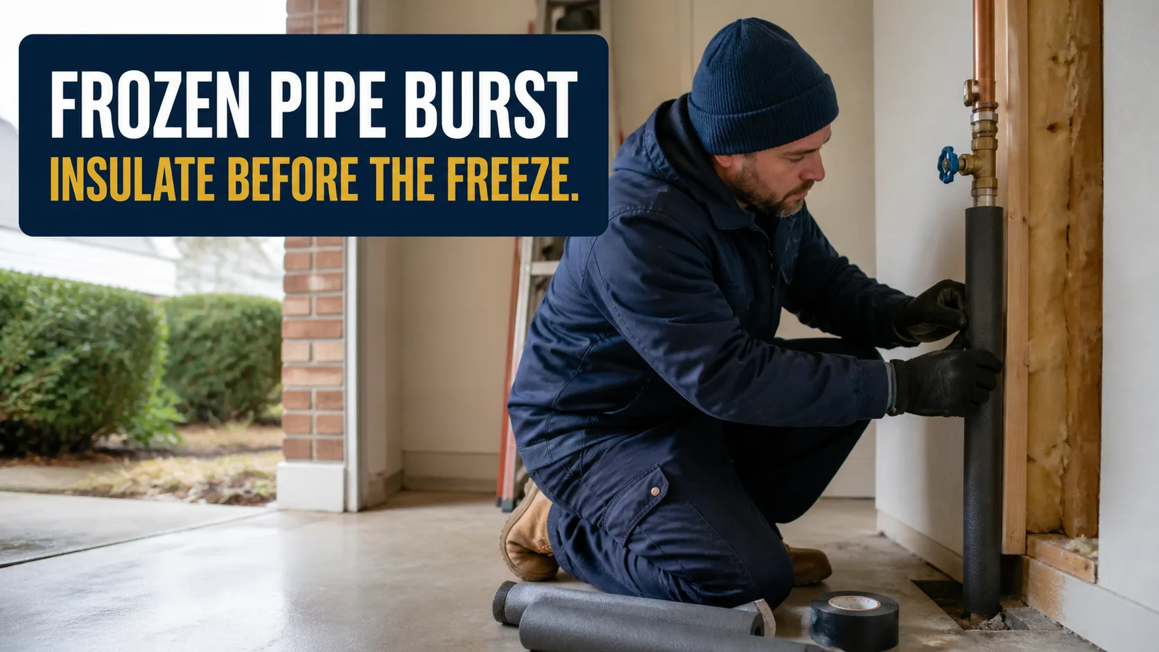 A technician wearing a blue jacket and beanie kneels to insulate a copper pipe in a garage, with a roll of black tape and pipe insulation on the concrete floor. Caption on image: FROZEN PIPE BURST INSULATE BEFORE THE FREEZE.
