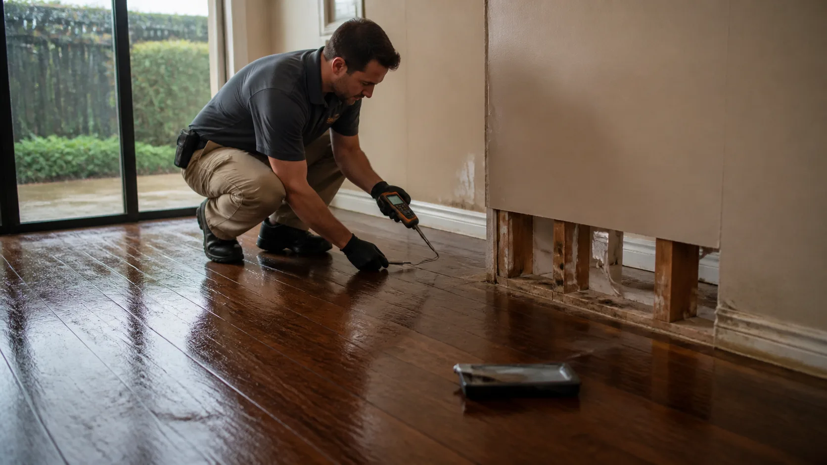 A technician wearing gloves crouches to inspect a water-damaged hardwood floor with a moisture meter, next to a wall with exposed studs.