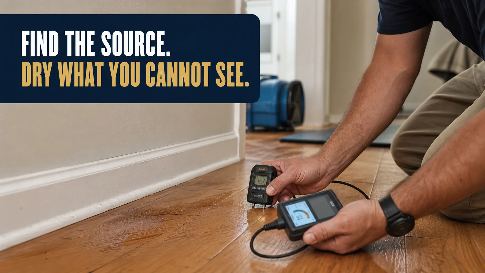 A technician kneels on a wet hardwood floor, using two moisture meters to assess water damage near a white baseboard, with a blue air mover visible in the background. Caption on image: FIND THE SOURCE. DRY WHAT YOU CANNOT SEE.
