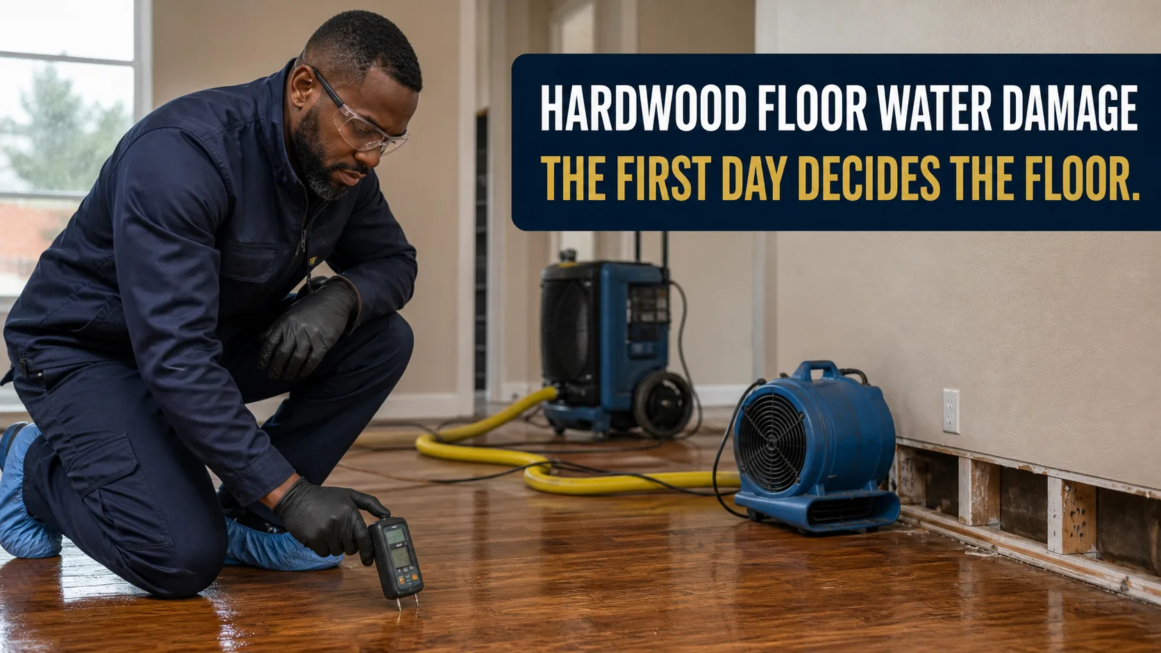 A technician wearing safety glasses and gloves kneels, using a moisture meter on a wet hardwood floor, with drying equipment visible in the background. Caption on image: HARDWOOD FLOOR WATER DAMAGE THE FIRST DAY DECIDES THE FLOOR.