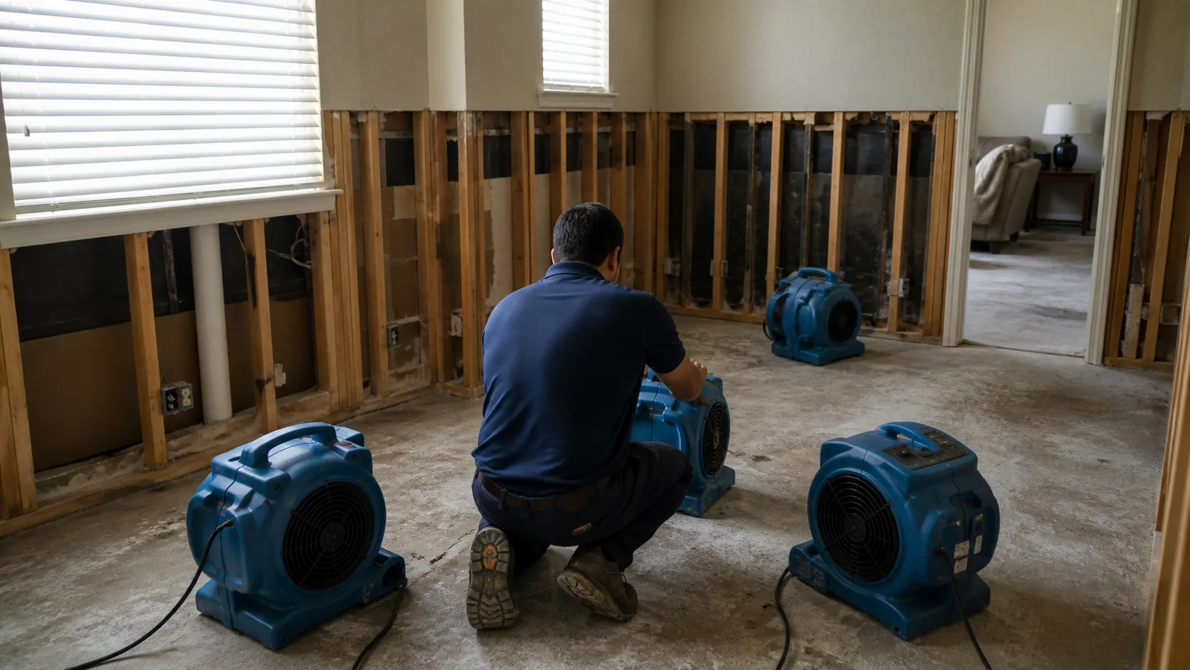 A restoration technician kneels on a concrete floor, adjusting a blue industrial fan, with two other fans and exposed wall studs visible in a room undergoing water damage restoration.