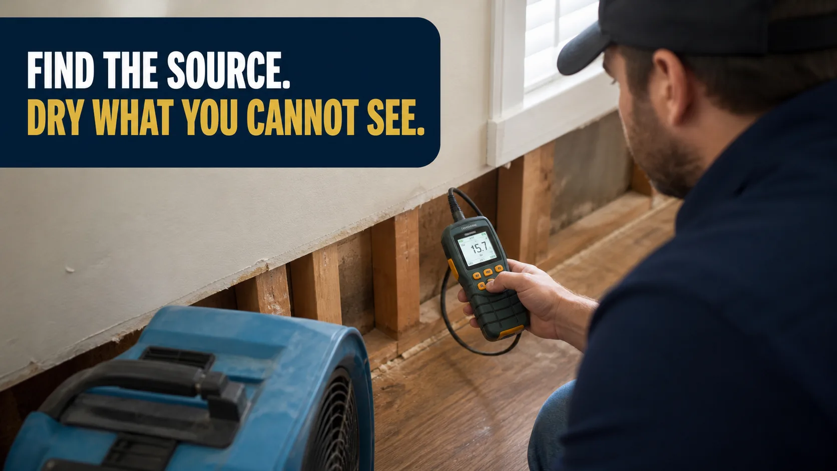 A technician holds a moisture meter to a wall with exposed studs, while a blue air mover sits on the floor nearby. Caption on image: FIND THE SOURCE. DRY WHAT YOU CANNOT SEE.