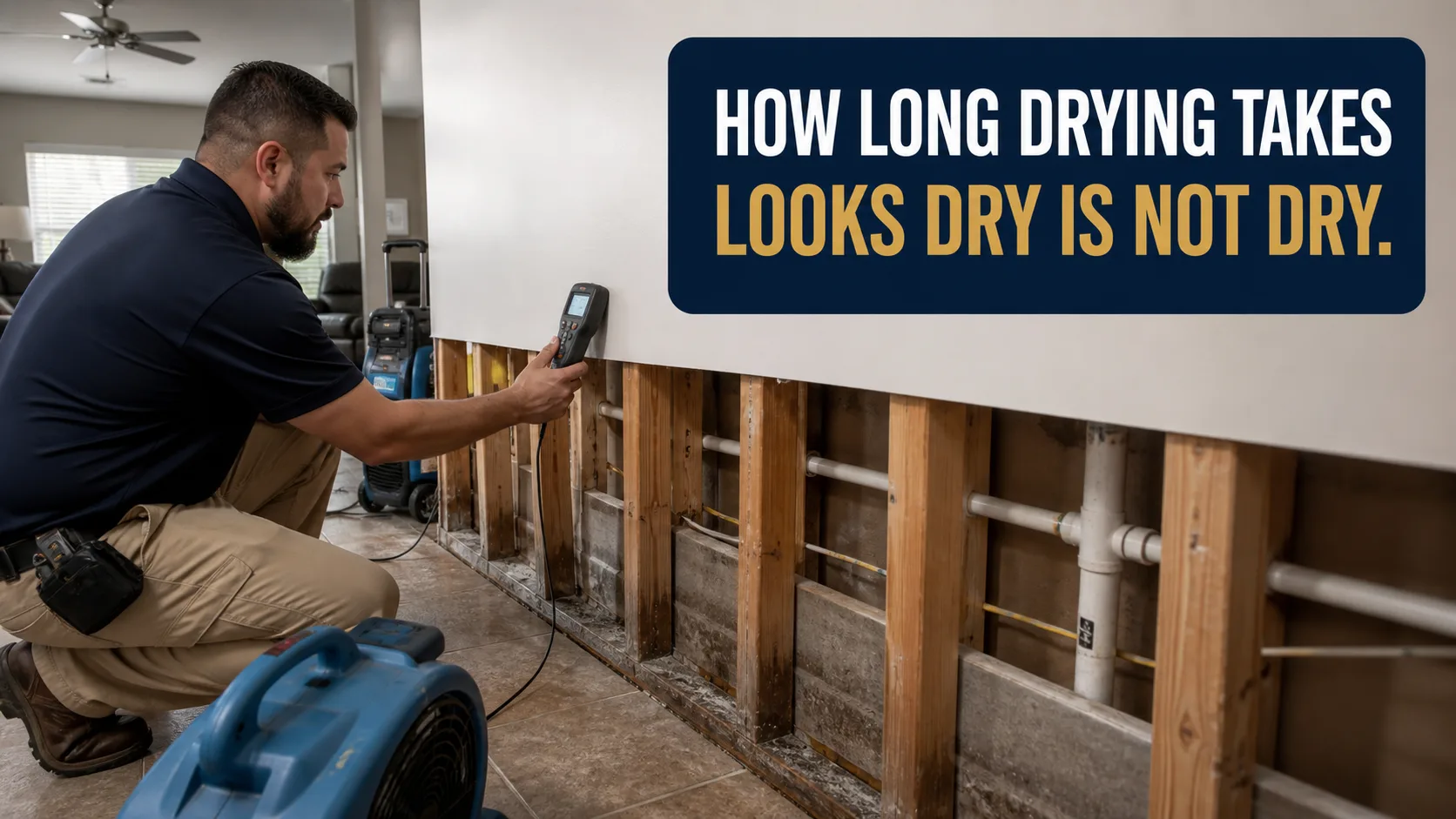 A technician kneels, using a moisture meter to check a partially exposed wall with wooden studs, pipes, and concrete blocks, while a blue air mover sits on the floor. Caption on image: HOW LONG DRYING TAKES LOOKS DRY IS NOT DRY.