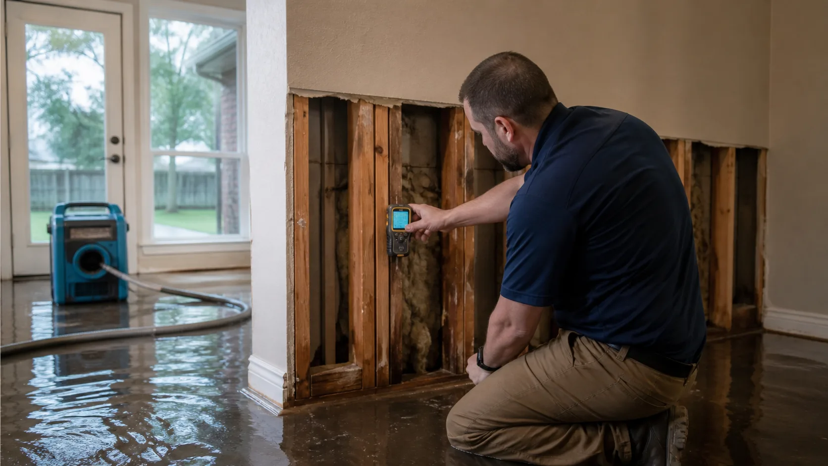 A technician kneels, using a moisture meter on exposed wall studs in a room with standing water on the floor and a water extraction machine in the background.