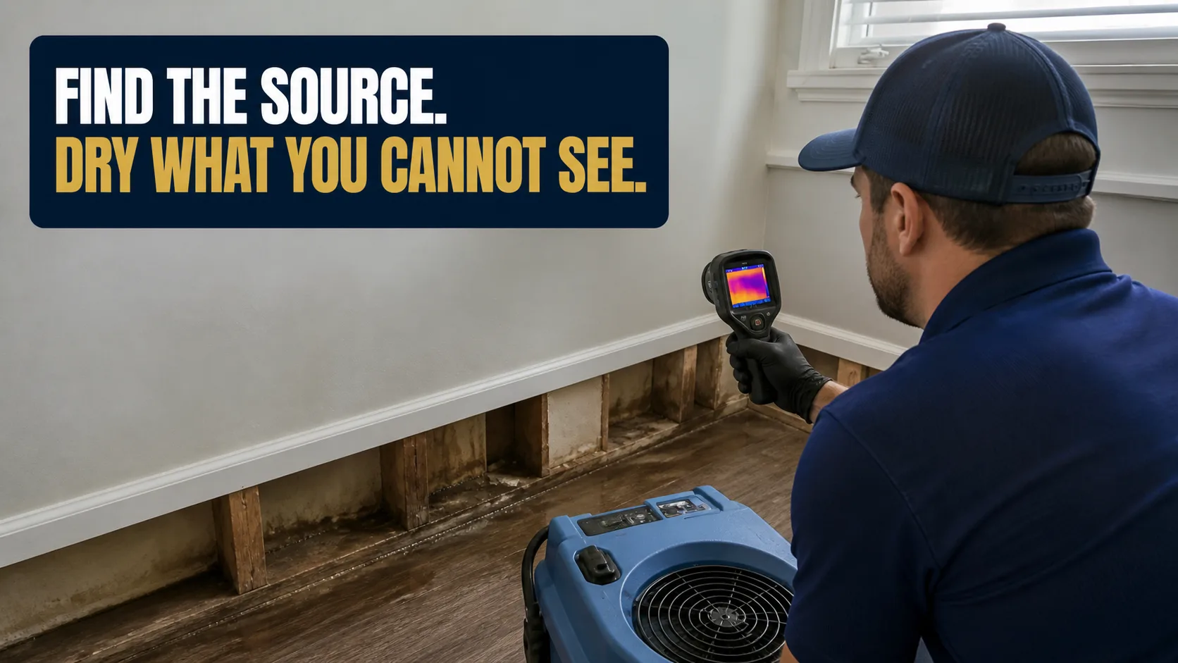 A technician wearing a blue cap and black gloves uses a thermal imaging camera to inspect a water-damaged wall with exposed studs and visible moisture, with a blue air mover on the floor. Caption on image: FIND THE SOURCE. DRY WHAT YOU CANNOT SEE.