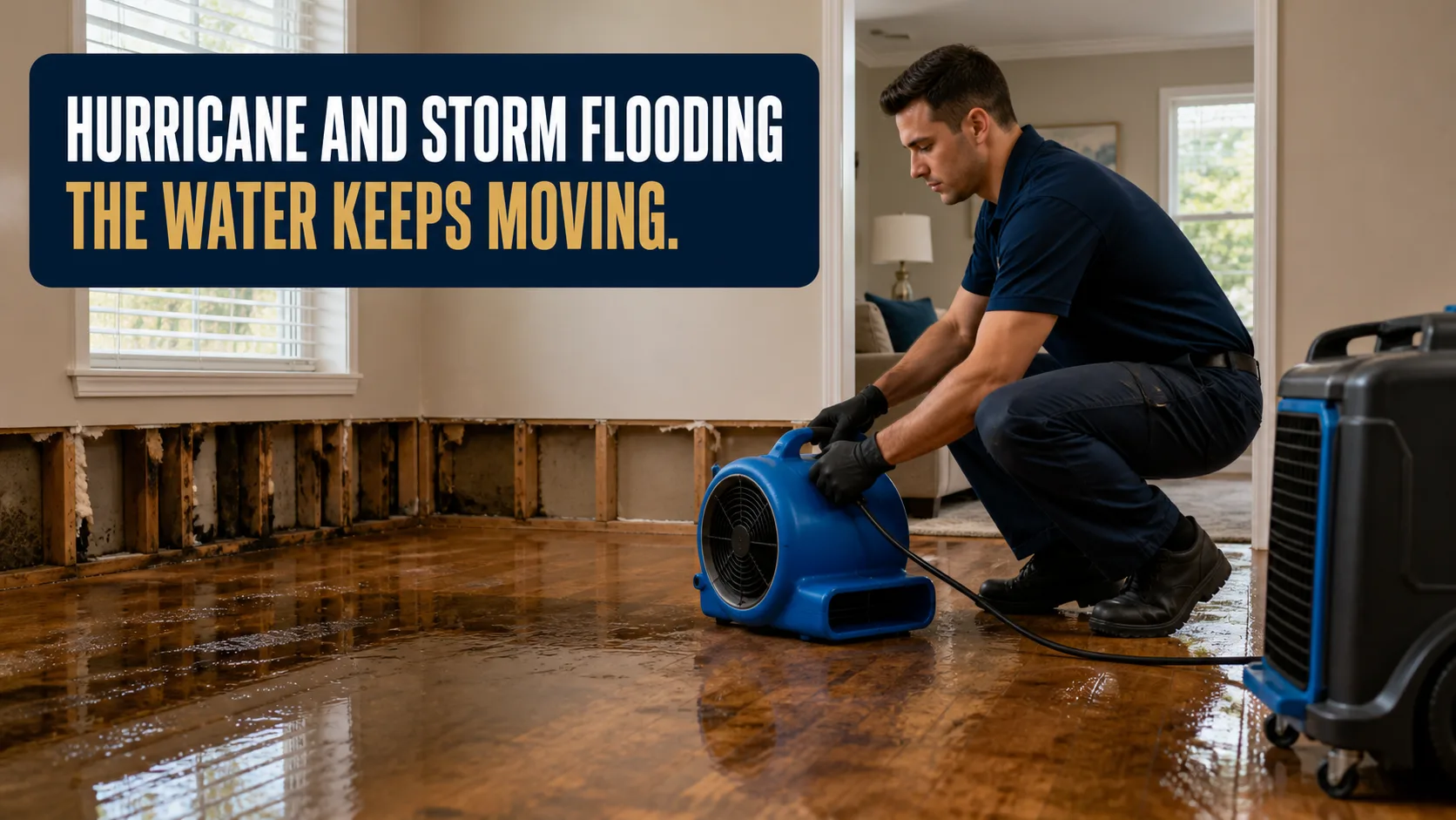 A technician in a blue polo shirt and black gloves operates a blue air mover on a wet wooden floor, with exposed wall studs and insulation visible behind. Caption on image: HURRICANE AND STORM FLOODING THE WATER KEEPS MOVING.