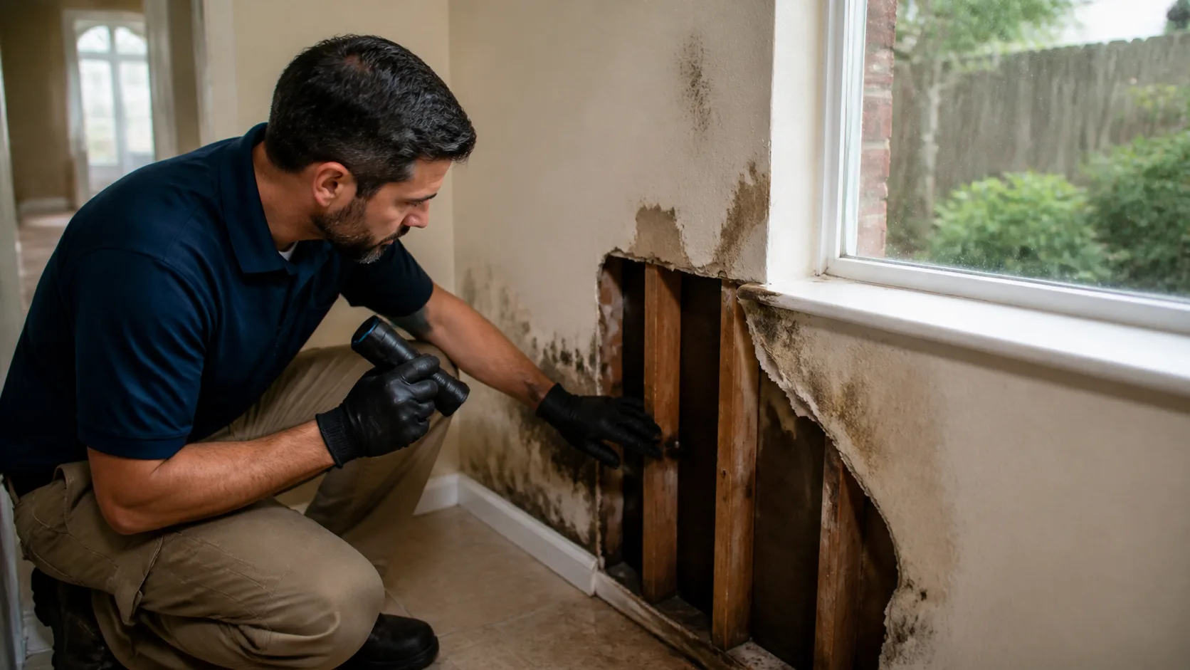 A technician wearing gloves and holding a flashlight inspects a wall with significant mold growth and exposed wooden studs next to a window.