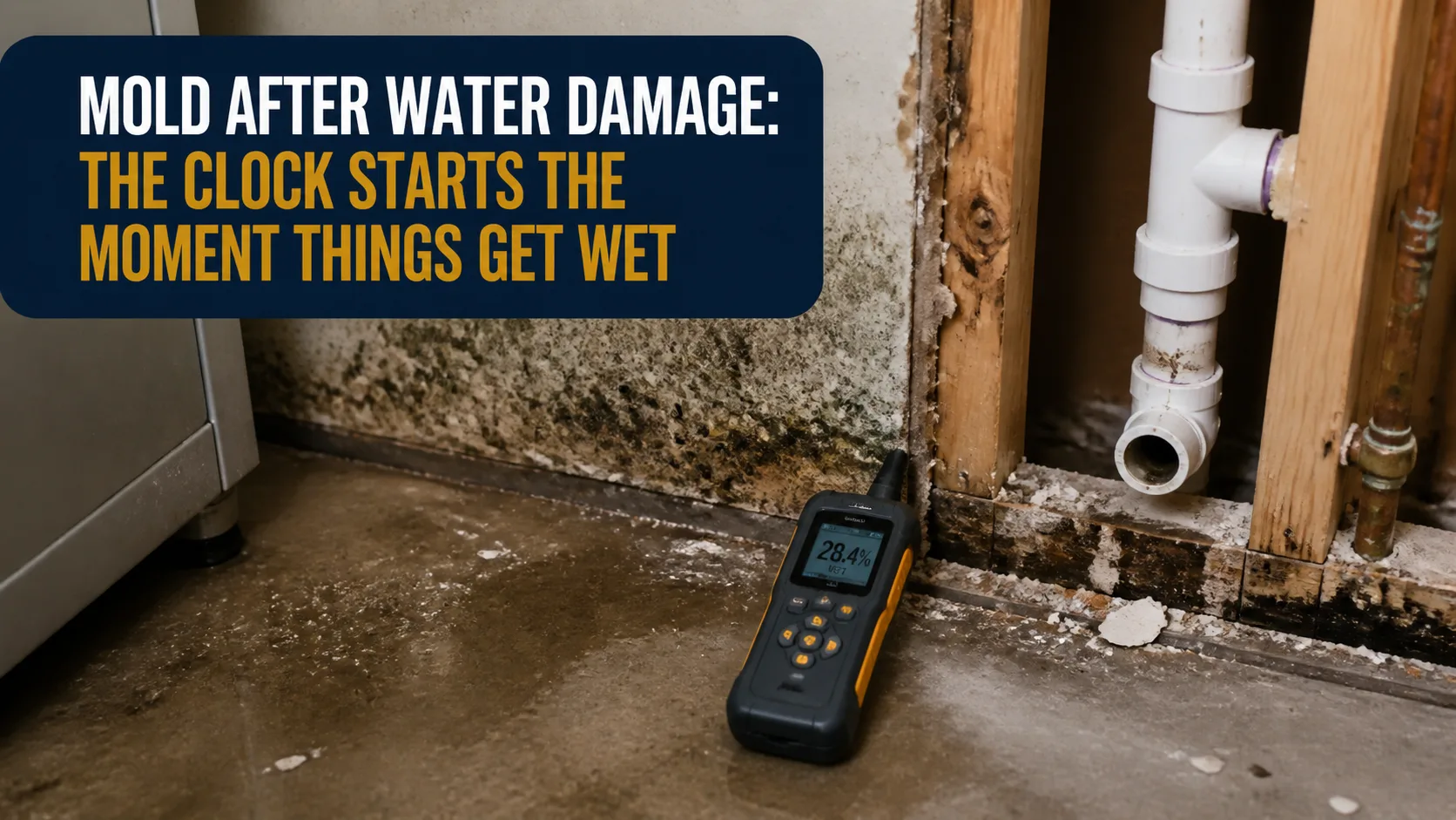 A moisture meter displays 28.4% against a wall with visible mold growth and exposed wooden studs, with water pooled on the concrete floor. Caption on image: MOLD AFTER WATER DAMAGE: THE CLOCK STARTS THE MOMENT THINGS GET WET.