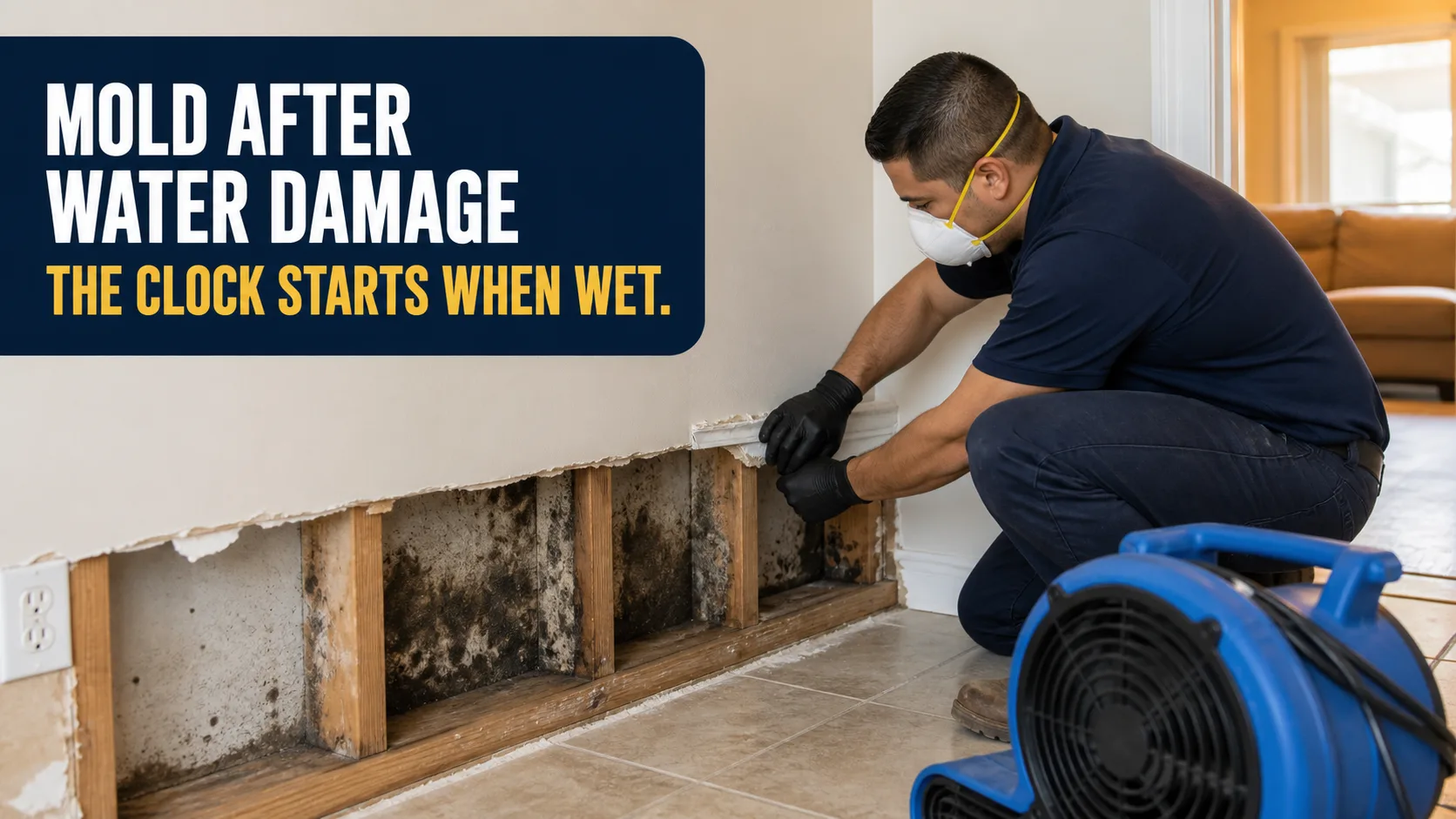 A technician wearing a face mask and gloves inspects extensive black mold growth on the exposed studs and drywall behind a removed baseboard, with a blue air mover on the tiled floor. Caption on image: MOLD AFTER WATER DAMAGE THE CLOCK STARTS WHEN WET.