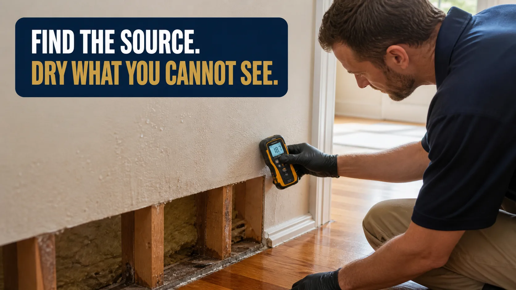 A technician wearing black gloves uses a moisture meter to check a wall with exposed studs and insulation, indicating water damage. Caption on image: FIND THE SOURCE. DRY WHAT YOU CANNOT SEE.