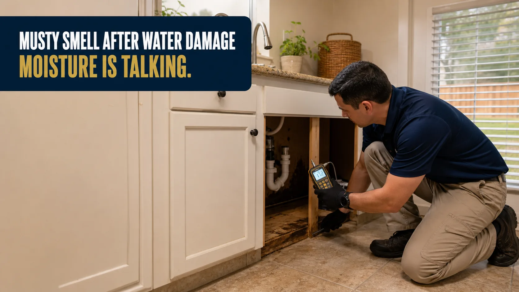 A technician wearing black gloves kneels to inspect water damage under a kitchen sink, holding a moisture meter that displays "17.2". Caption on image: MUSTY SMELL AFTER WATER DAMAGE MOISTURE IS TALKING.