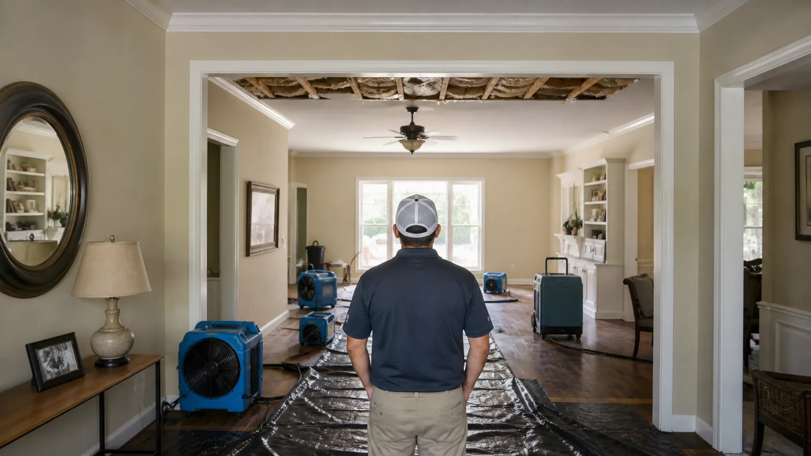 A technician stands in a home with a damaged ceiling, looking into a living room with several blue drying fans and a dehumidifier.