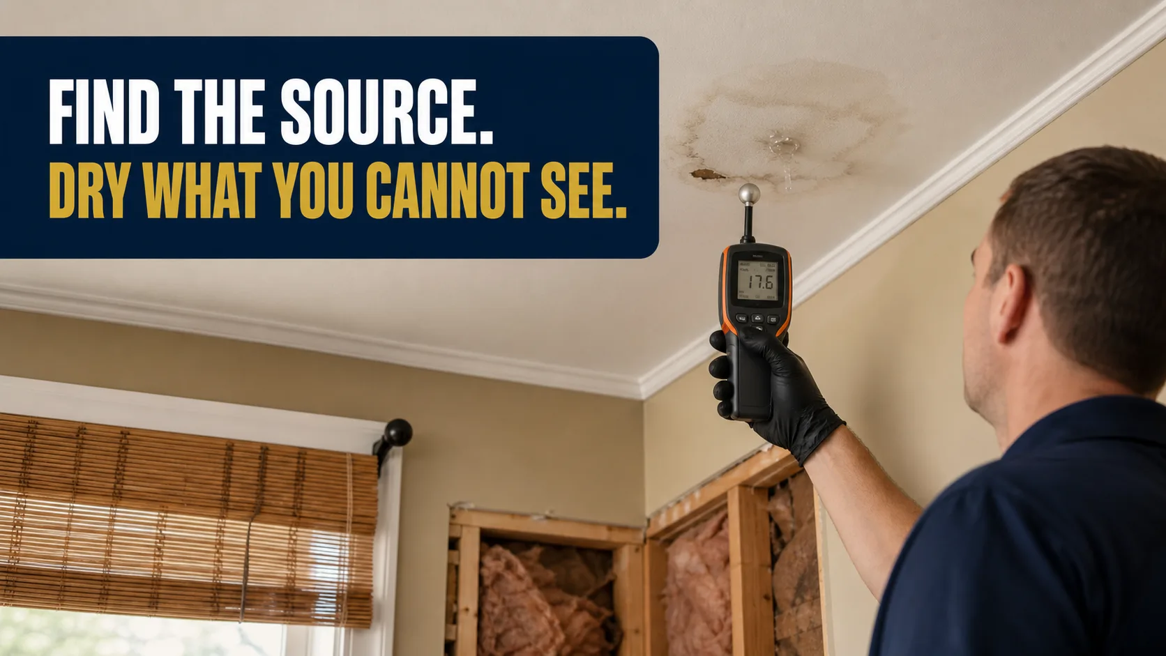 A technician wearing a black glove uses a moisture meter to test a water-stained ceiling with visible damage, while a wall with exposed insulation is nearby. Caption on image: FIND THE SOURCE. DRY WHAT YOU CANNOT SEE.