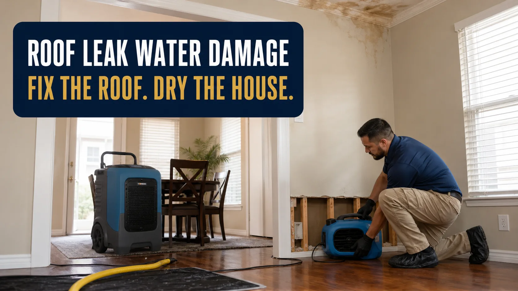 A technician in a blue shirt and khaki pants kneels to adjust a blue air mover next to an exposed wall frame, while a large blue dehumidifier sits in the background. Caption on image: ROOF LEAK WATER DAMAGE FIX THE ROOF. DRY THE HOUSE.