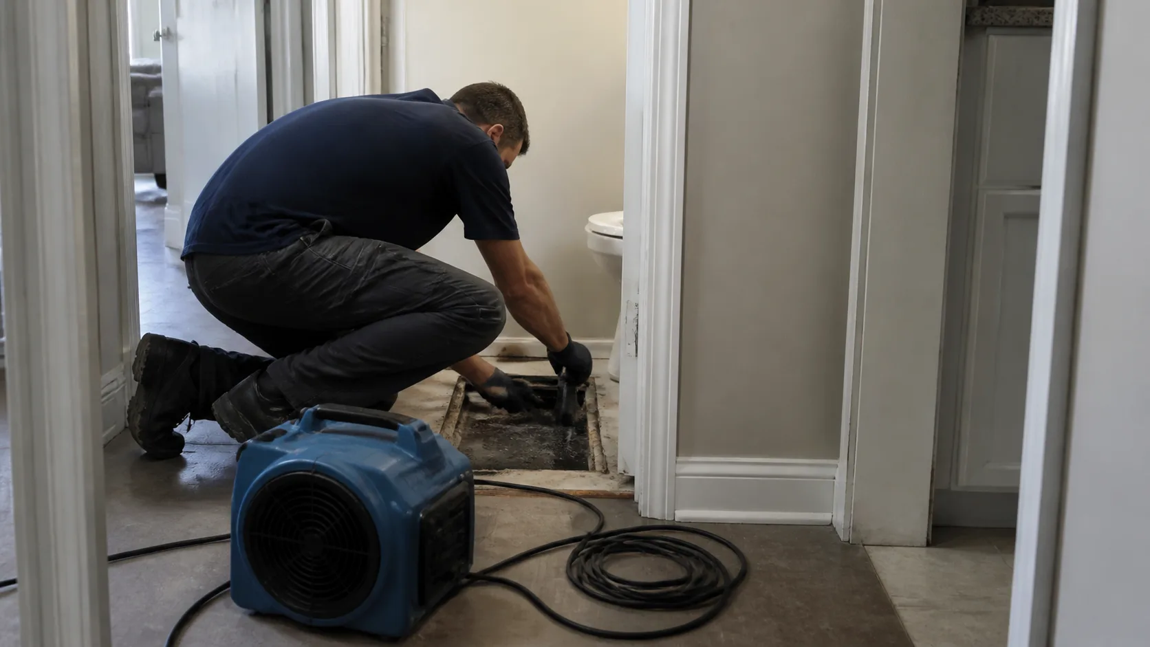 A technician wearing gloves kneels on a floor, cleaning a dark, wet area of subflooring with a tool, with a blue air mover nearby.