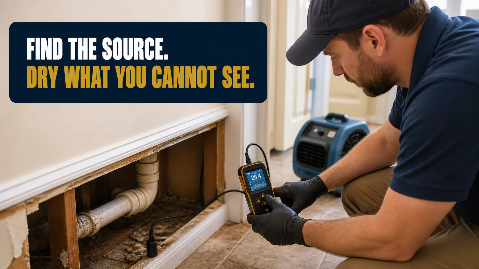 A technician wearing a cap and black gloves kneels, holding a moisture meter to a wall with exposed pipes and subflooring, with a blue air mover in the background. Caption on image: FIND THE SOURCE. DRY WHAT YOU CANNOT SEE.