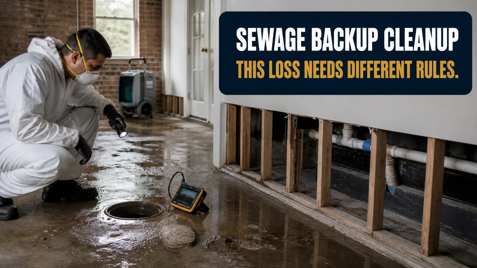 A technician in a white hazmat suit and N95 mask shines a flashlight into an open drain on a wet concrete floor, with exposed wall studs and pipes in the background. Caption on image: SEWAGE BACKUP CLEANUP THIS LOSS NEEDS DIFFERENT RULES.