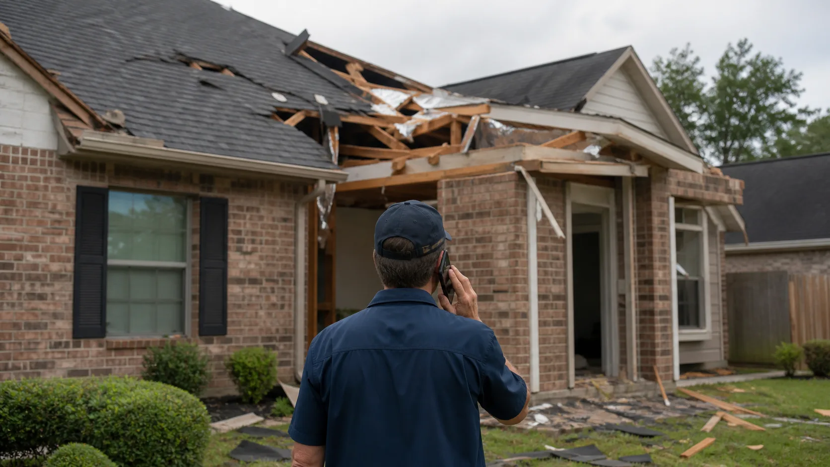 A homeowner in a blue shirt and baseball cap stands with their back to the camera, talking on a cell phone while looking at their storm-damaged brick house with a partially collapsed roof.