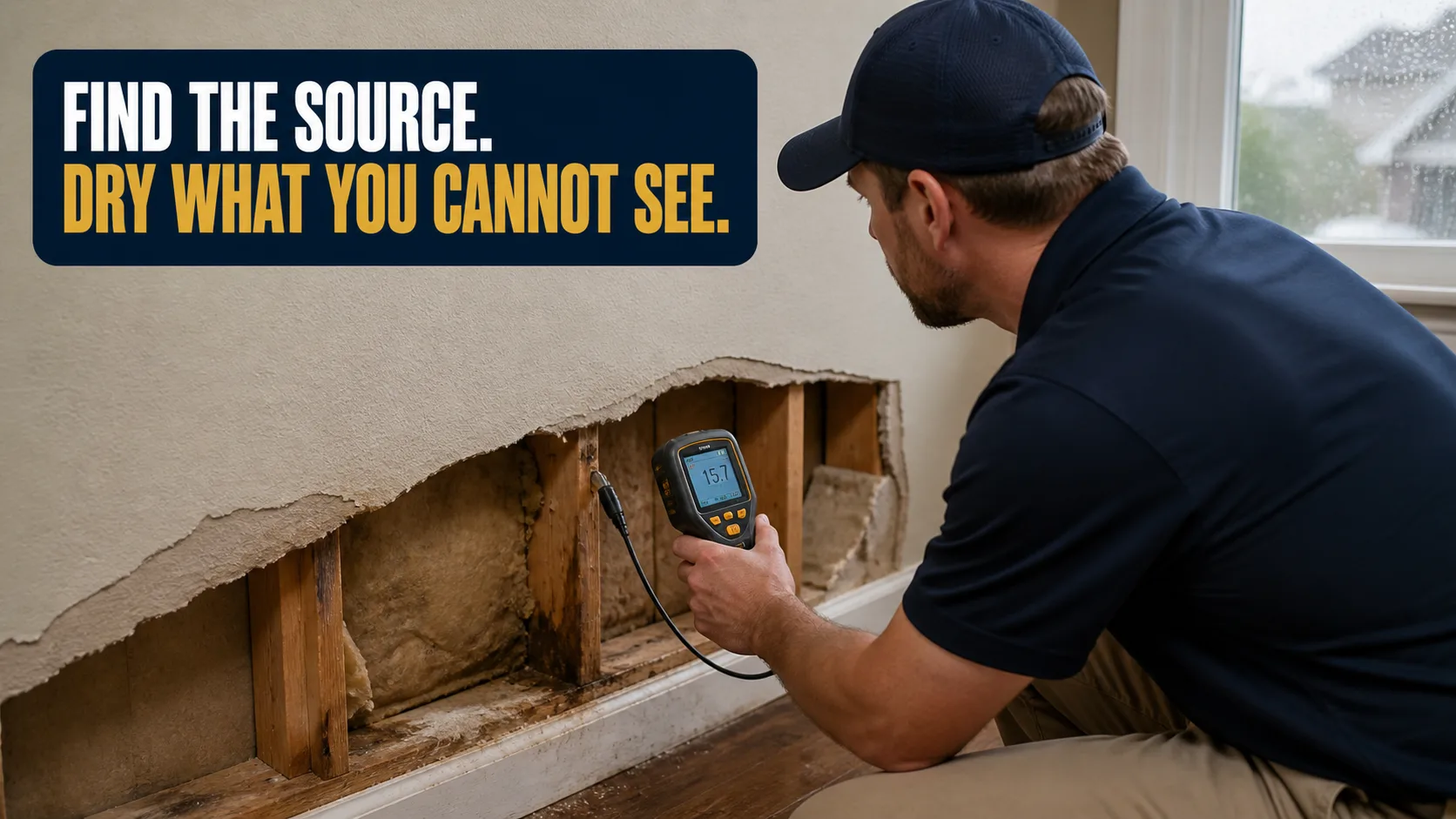 A technician wearing a blue cap and shirt kneels, using a moisture meter to inspect a water-damaged wall with exposed insulation and wooden studs. Caption on image: FIND THE SOURCE. DRY WHAT YOU CANNOT SEE.