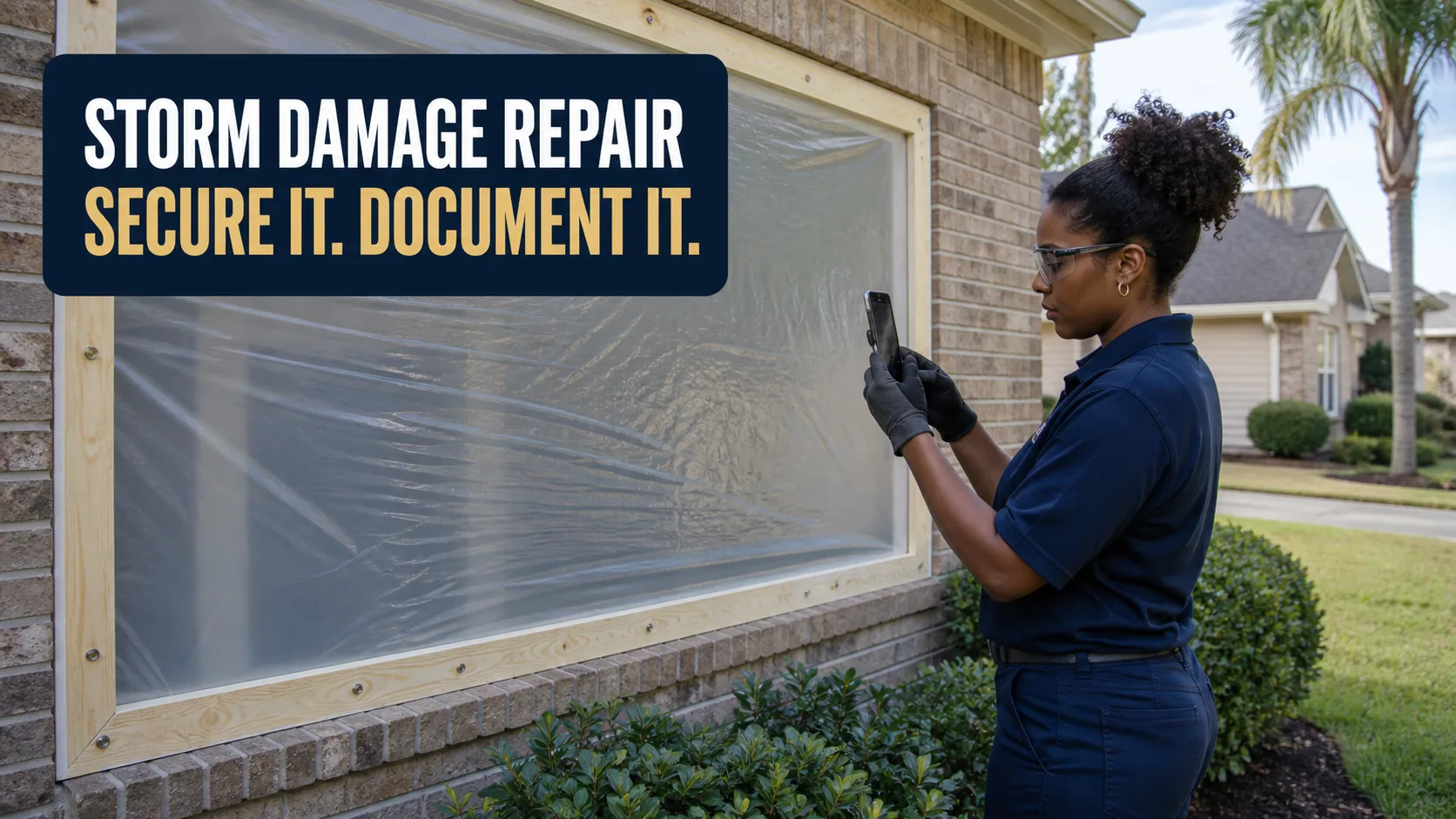 A technician wearing safety glasses and gloves photographs a storm-damaged window covered with plastic sheeting and wooden boards on a brick house. Caption on image: STORM DAMAGE REPAIR SECURE IT. DOCUMENT IT.