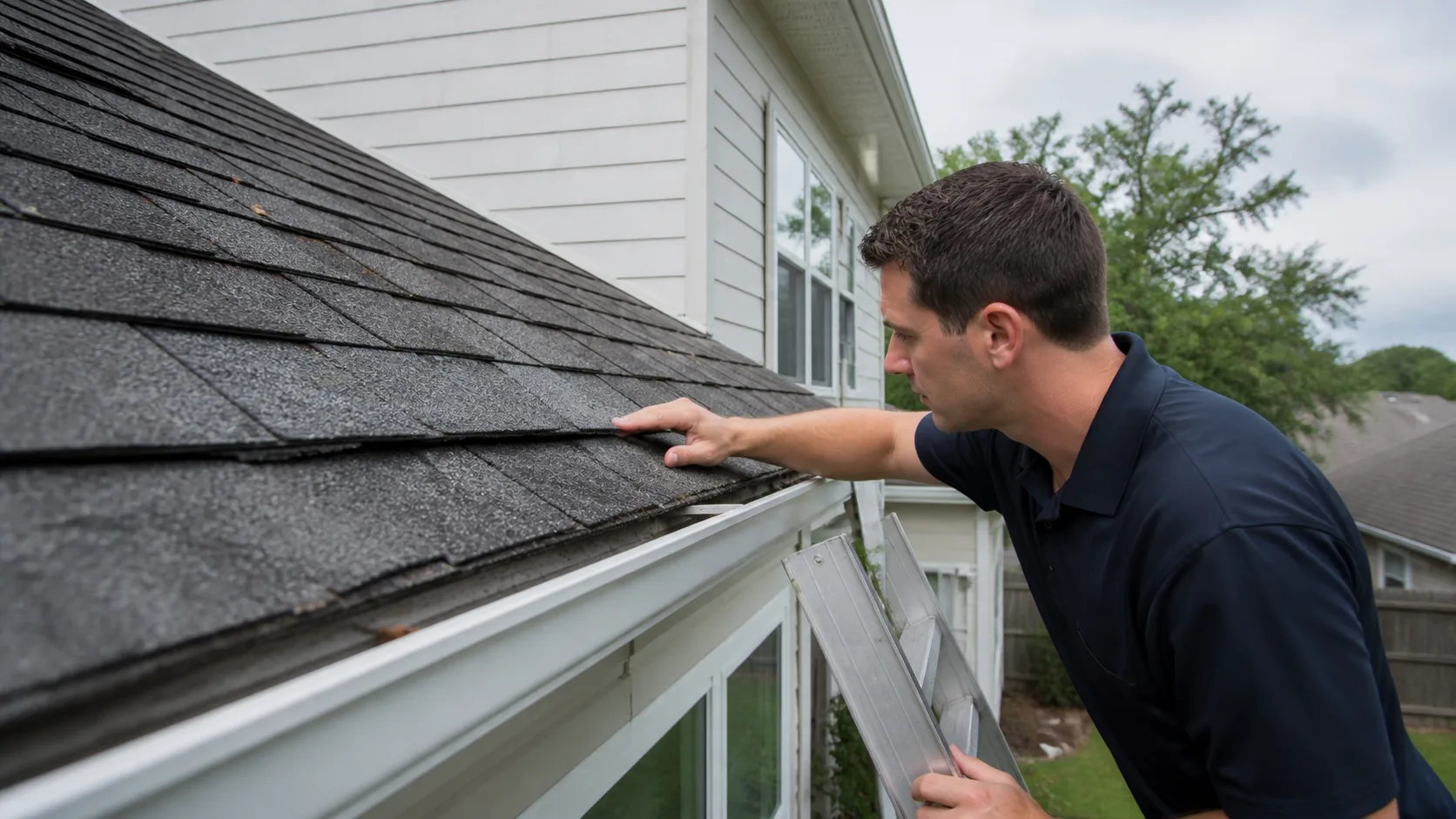An inspector on a ladder examines the dark shingle roof and white gutter of a house, touching a shingle near the gutter.