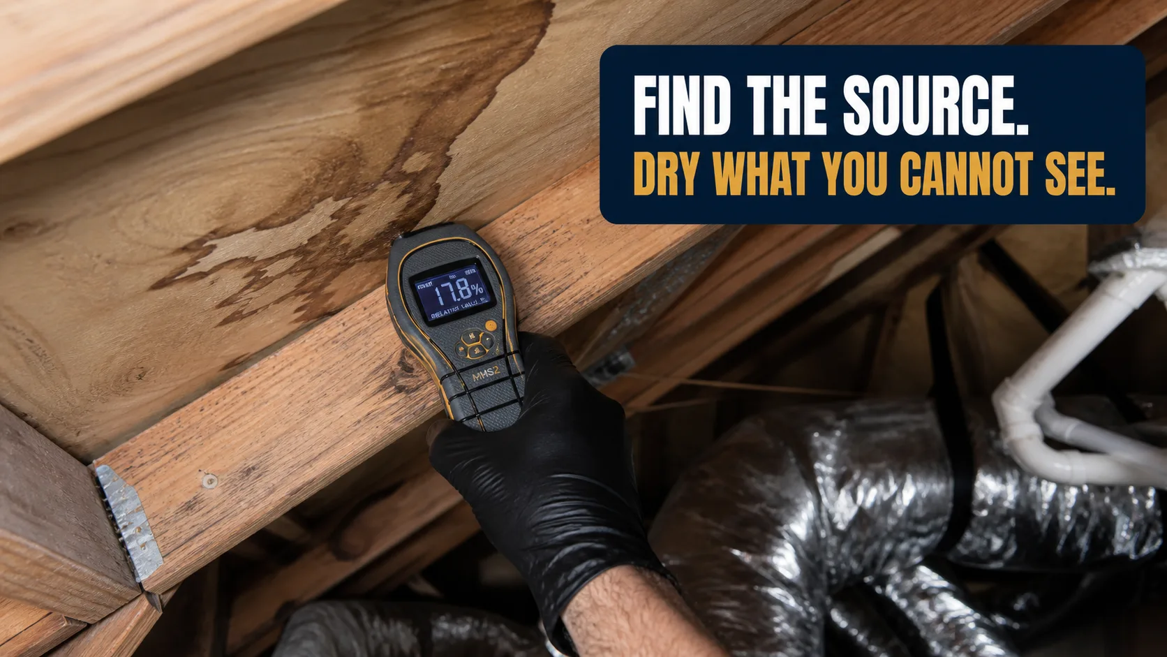 A technician wearing a black glove holds a moisture meter to a water-stained wooden ceiling beam in an attic, with ductwork visible in the background. Caption on image: FIND THE SOURCE. DRY WHAT YOU CANNOT SEE.