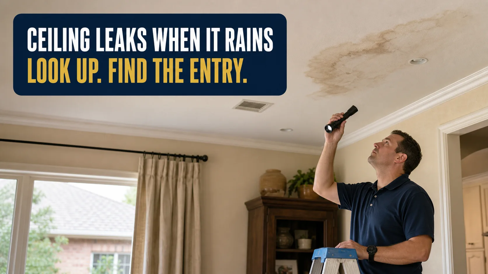 A homeowner stands on a stepladder, shining a flashlight on a large, irregular brown water stain on a white ceiling. Caption on image: CEILING LEAKS WHEN IT RAINS LOOK UP. FIND THE ENTRY.