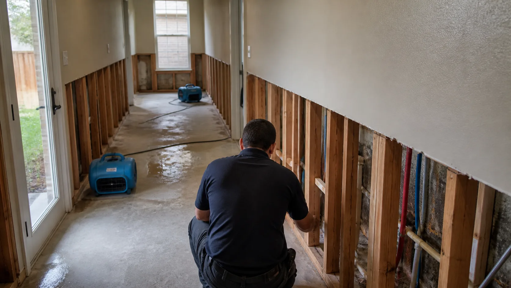 A restoration technician inspects exposed wall studs and pipes in a water-damaged hallway with two air movers and wet concrete flooring.